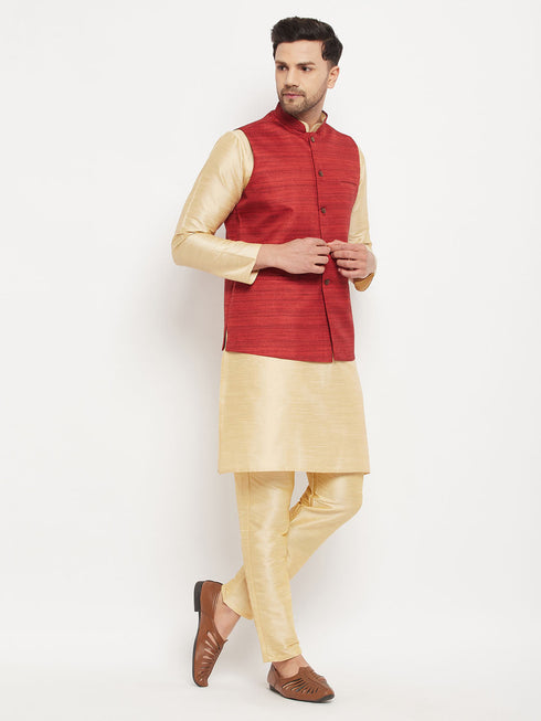 Vastramay Men's Maroon Matka Silk Nehru Jacket With Gold Silk Blend Kurta and Pant style Pyjama Set
